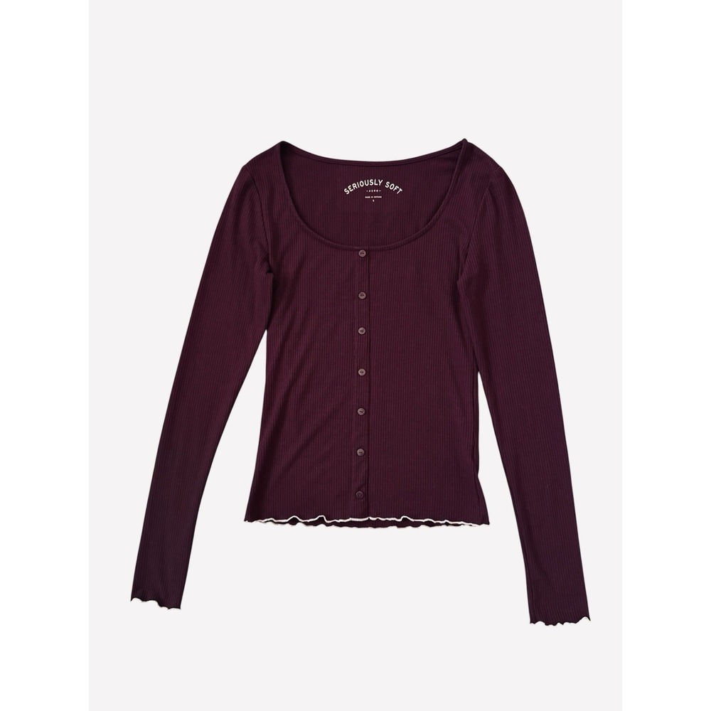 Aero Rib Knit‎ Long Sleeve Tee Womens Small Burgundy Y2K Preppy Grunge Academia